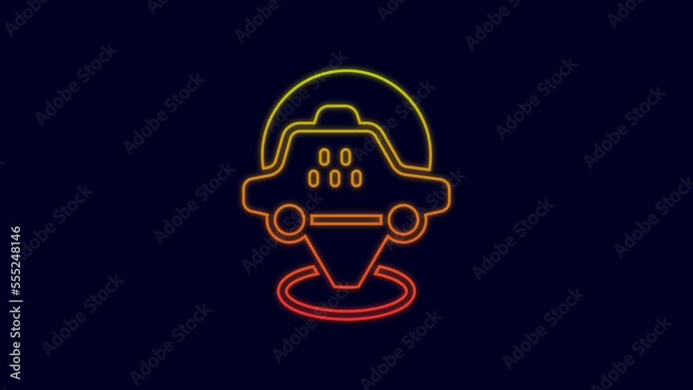 Glowing neon line Map pointer with taxi car icon isolated on blue background. Location symbol. 4K Video motion graphic animation
