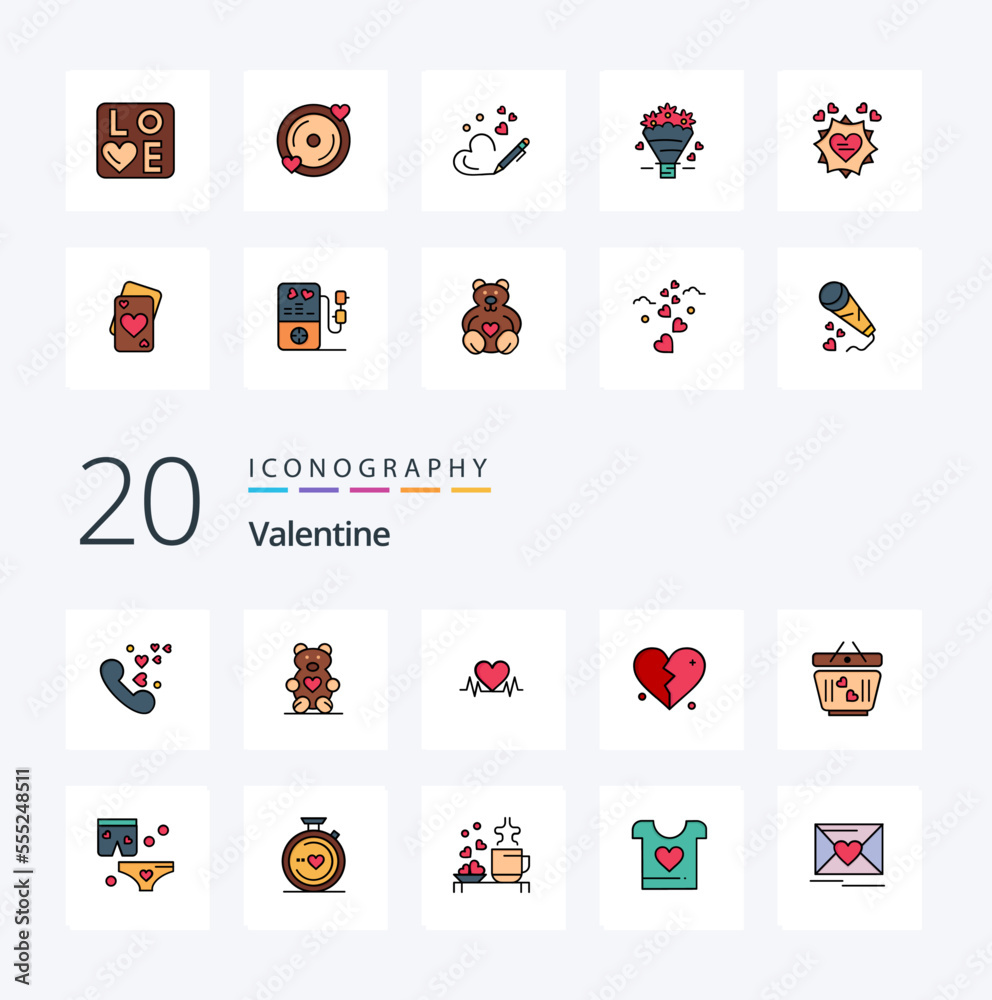 20 Valentine Line Filled Color icon Pack like love wedding disk heart pen
