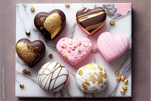 Delicious chocolates for valentine's day, romantic sweet treat food, gold and pink metallic and glitter accents, pink background and white marble backdrop, generative ai