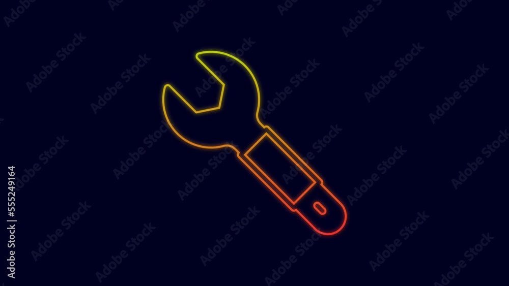 Glowing neon line Wrench spanner icon isolated on blue background. Spanner repair tool. Service tool symbol. 4K Video motion graphic animation Glowing neon line Wrench spanner icon isolated on blue background. Spanner repair tool. Service tool symbol. 4K Video motion graphic animation