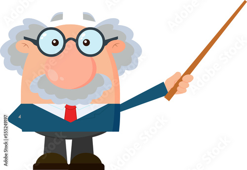 Funny Science Professor Cartoon Character Holding A Pointer Stick. Hand Drawn Illustration Isolated On Transparent Background
