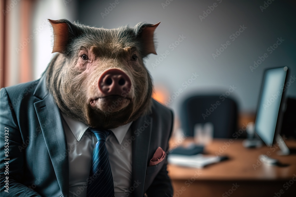 portrait of a pig in a suit sitting at a desk, ai generated - obrazy, fototapety, plakaty 