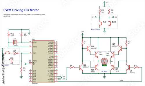 Vector electrical schematic diagram. 
This design demonstrates the use of a microcontroller
to control a DC motor using PWM.