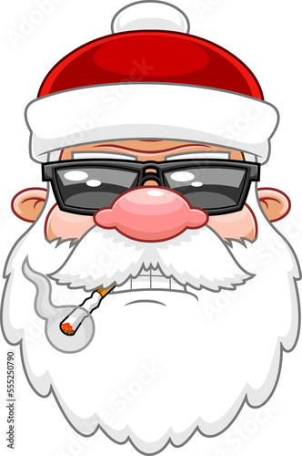Bad Santa Claus Face Portrait Cartoon Character With Sunglasses Smoking Cigarette. Hand Drawn Illustration Isolated On Transparent Background