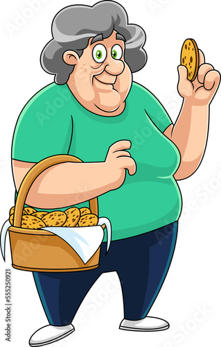 Happy Grandma Cartoon Character With A Basket Of Homemade Cookies. Hand Drawn Illustration Isolated On Transparent Background