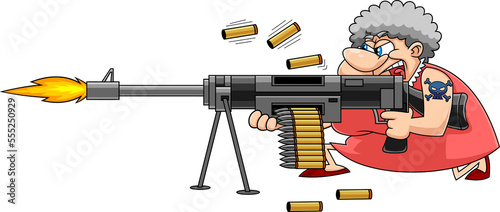 Angry Grandma Cartoon Character Shoots With A Big Machine Gun. Hand Drawn Illustration Isolated On Transparent Background
