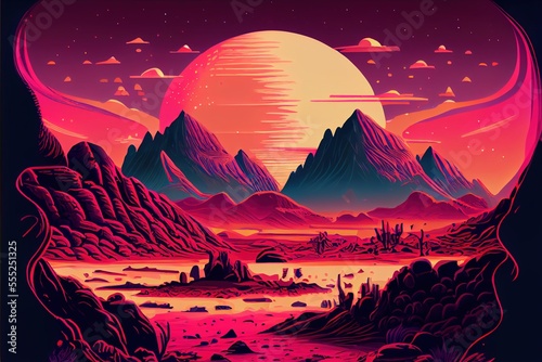 Vaporwave Synthwave cyberpunk background with large planet  moons and mountains  generative ai