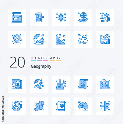 20 Geo Graphy Blue Color icon Pack like travel news table globe blog target