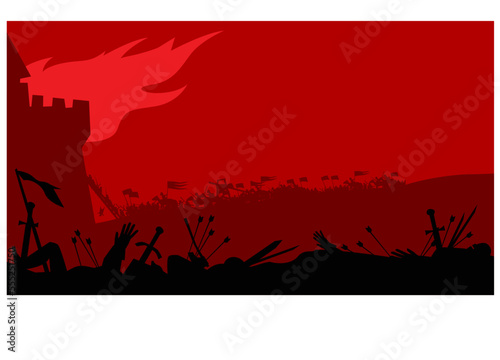 Middle Ages. Attack on the castle. Assault. The finale of a long siege. Vector image for prints, poster and illustrations.