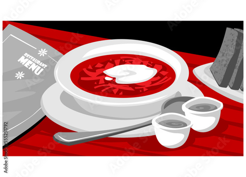 Borsch. Real Ukrainian borscht with sour cream and brown bread. Vector image for prints, poster and illustrations.