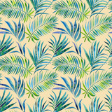 Watercolour blue green tropical palm leaves illustration seamless pattern. On beige background. Hand-painted. Floral elements, jungle leaves.
