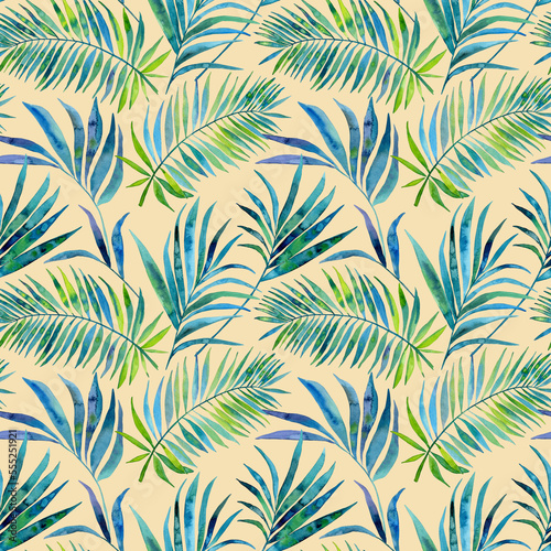 Watercolour blue green tropical palm leaves illustration seamless pattern. On beige background. Hand-painted. Floral elements, jungle leaves. © Nataliia