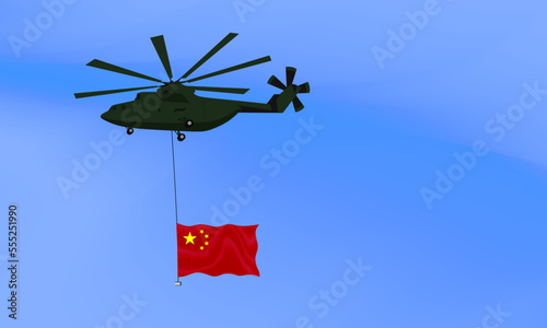 Helicopter flies with the flag of China, the flag of China in the sky. National holiday. vector illustration eps10