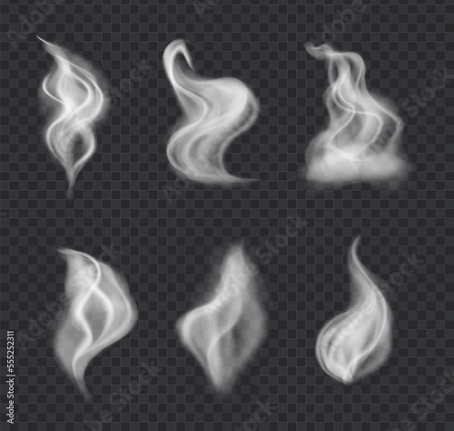 Smoke vector collection, isolated, transparent background. Set of realistic white smoke steam, waves from coffee, tea