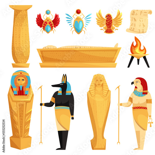Egyptian hieroglyph and symbol. Ancient culture sing and symbol. Egypt culture set vector isolated icons of gods and sacred animals