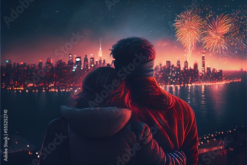 A couple cuddling and watching fireworks on a new year's eve, night time fireworks over a city, bench overlooking a lake, generative ai