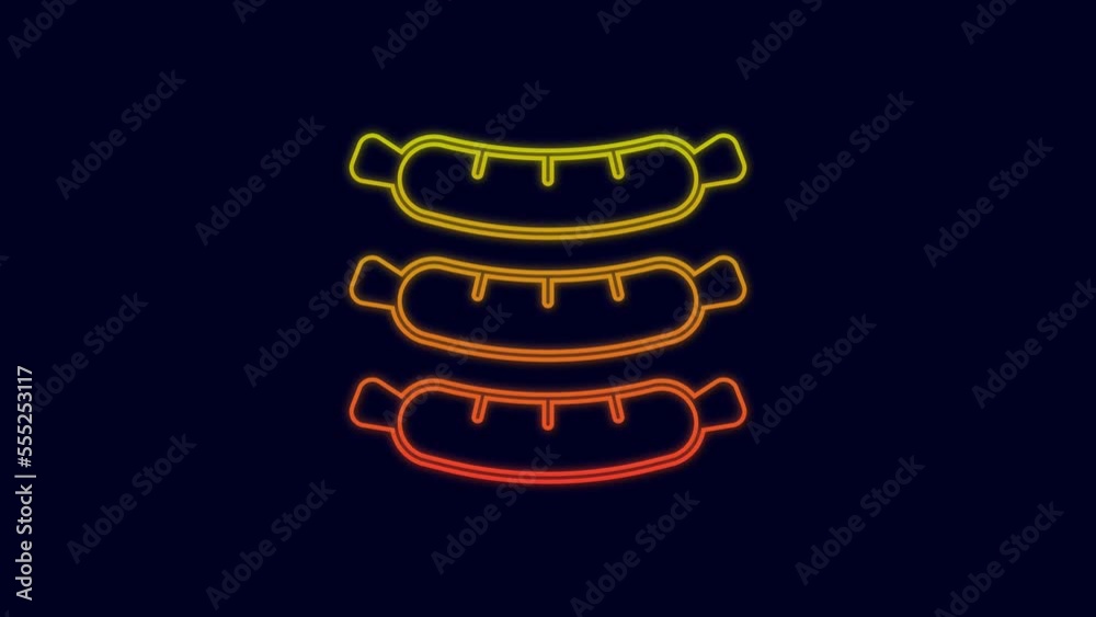 Glowing neon line Sausage icon isolated on blue background. Grilled sausage and aroma sign. 4K Video motion graphic animation Glowing neon line Sausage icon isolated on blue background. Grilled sausage and aroma sign. 4K Video motion graphic animation