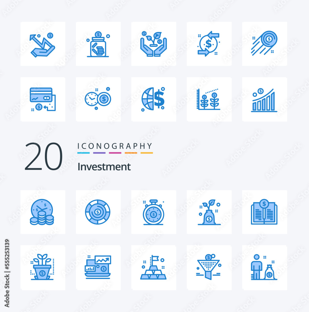 20 Investment Blue Color icon Pack like invest saving graph jar business