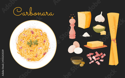 Pasta carbonara recipe instruction. Carbonara concept preparation steps with ingredients. Vector cartoon illustration with food elements. Spaghetti Italian Cuisine infographic.