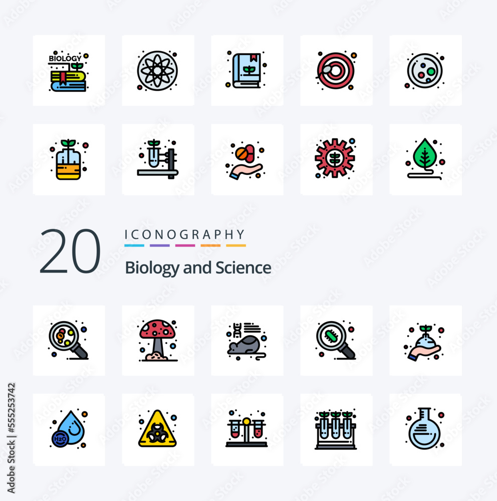 20 Biology Line Filled Color icon Pack like hand care laboratory research lab