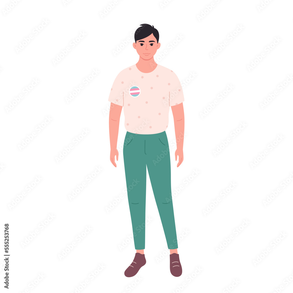 Asian man with LGBTQ pin. Transgender person. Hand drawn vector illustration