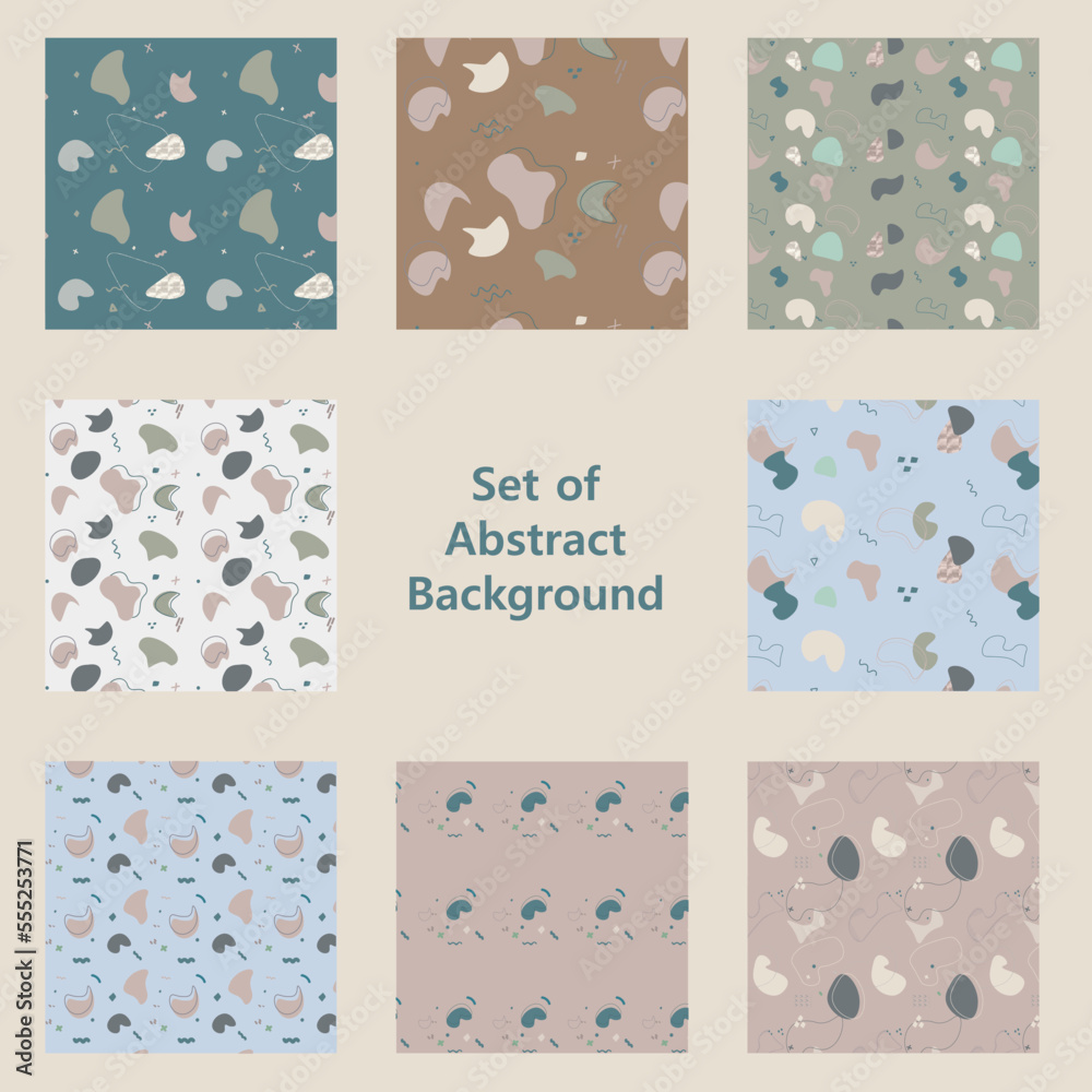 set of seamless patterns organic abstract shapes and sample text in pastel colors  collages with hand drawn organic shapes and textures. Trendy contemporary design perfect for prints ,flyers, banners 