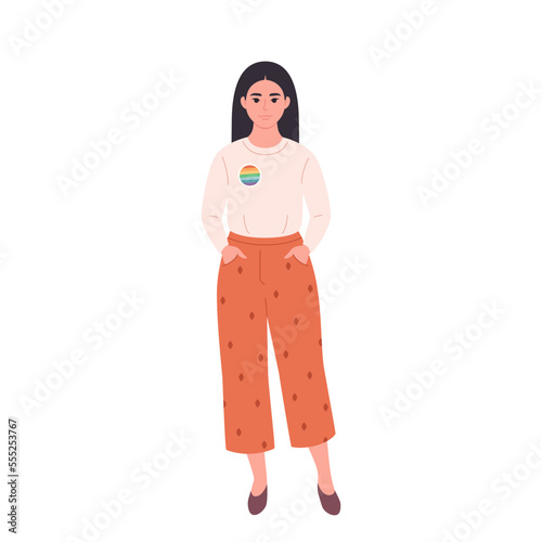 Asian woman with LGBTQ pin. She, he, they, non-binary. Gender-neutral movement. LGBTQ community. Hand drawn vector illustration