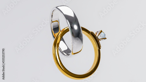 3d illustration of two gold wedding rings, Golden and silver wedding rings decorated with precious stones connected like chain links, engagement ring with a diamond, 3d render