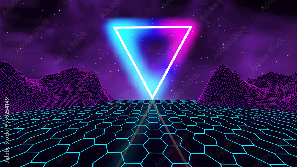 Neon triangle synthwave digital wireframe landscape. Retro futuristic ...