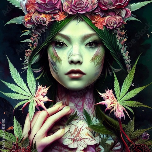 Portrait of woman with marijuana leaves