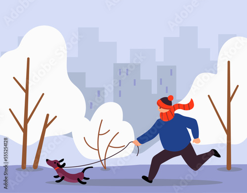 Walk Your Dog Month. The male is walking her dog. Flat style. Vector illustration.