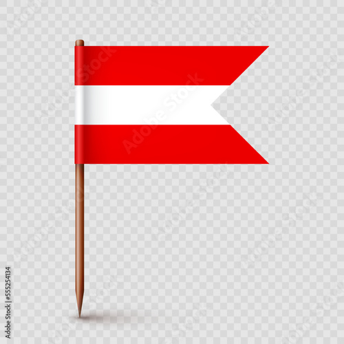Realistic Austrian toothpick flag. Souvenir from Austria. Wooden toothpick with paper flag. Location mark, map pointer. Blank mockup for advertising and promotions. Vector illustration