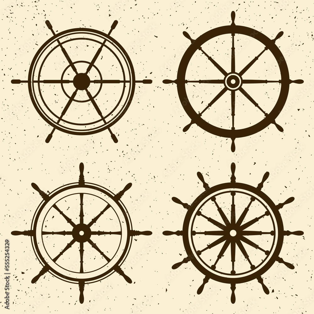 Obraz premium Collection of grunge vintage steering wheels. Ship, yacht retro wheel symbol. Nautical rudder icon. Marine design element. Vector illustration