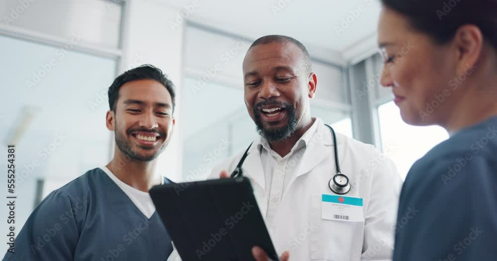 Doctors teamwork, tablet and handshake in hospital in sequence. Collaboration, celebration and group of people or nurses researching with digital touchscreen, huddle and celebrating goals or targets. Doctors teamwork, tablet and handshake in hospital in sequence. Collaboration, celebration and group of people or nurses researching with digital touchscreen, huddle and celebrating goals or targets.