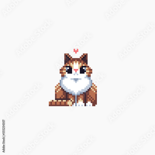 Cute big cat with heart. Pixel art style. 8 bit vector illustration