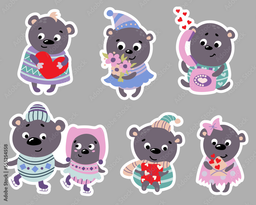 Fototapeta premium Cute valentines teddy bear stickers. St. Day Valentine. Drawn style. Vector illustration.