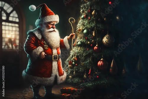 Santa Claus stands in front of a decorated Christmas tree with a rod in his hand in the apartment to leave presents for children under it. Generative AI illustration. photo