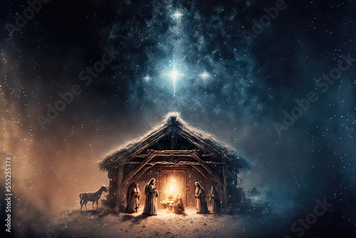 Bethlehem Jesus Geburt Nacht Komet am Himmel Religiös Drei Könige Maria und Josef AI Art Digital ART Generative AI Hintergrund Illustration