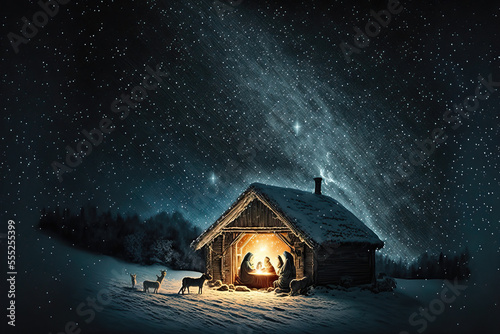 Bethlehem Jesus Geburt Nacht Komet am Himmel Religiös Drei Könige Maria und Josef AI Art Digital ART Generative AI Hintergrund Illustration photo