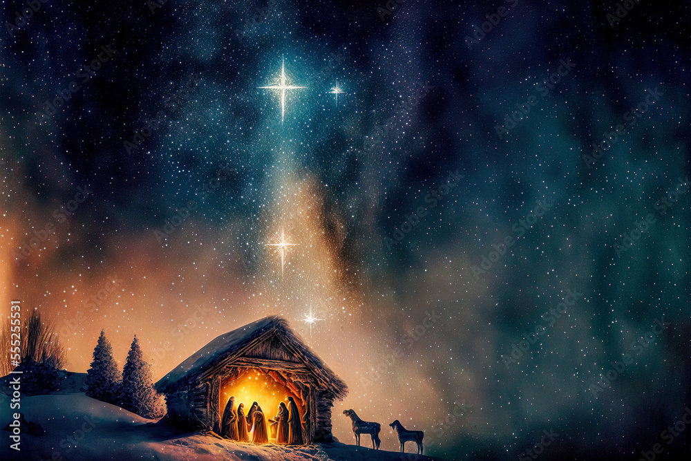 Bethlehem Jesus Geburt Nacht Komet am Himmel Religiös Drei Könige Maria und Josef AI Art Digital ART Generative AI Hintergrund Illustration