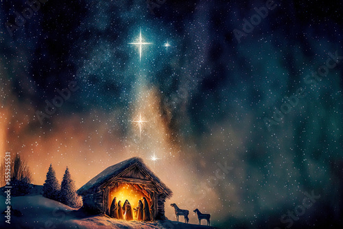 Bethlehem Jesus Geburt Nacht Komet am Himmel Religi  s Drei K  nige Maria und Josef AI Art Digital ART Generative AI Hintergrund Illustration