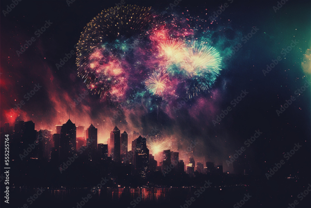 Colourful fireworks in the night sky above skyscrapers in the distance 2023