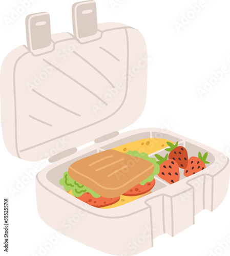 Plastic lunch box with sandwich and tomato flat icon