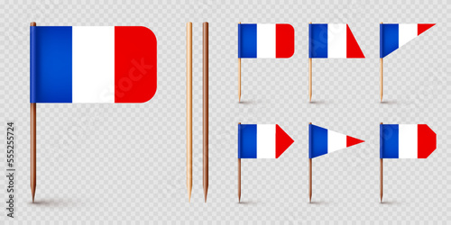 Realistic various French toothpick flags. Souvenir from France. Wooden toothpicks with paper flag. Location mark, map pointer. Blank mockup for advertising and promotions. Vector illustration