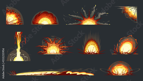 VFX, explosion effects, bomb, rocket, grenade, dynamite, napalm, flame, lightning energy effect. Heavy weapons and destruction, critical hit. Game, cartoon, comic book, colorful vector, illustration. photo