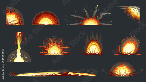 VFX, explosion effects, bomb, rocket, grenade, dynamite, napalm, flame, lightning energy effect. Heavy weapons and destruction, critical hit. Game, cartoon, comic book, colorful vector, illustration.