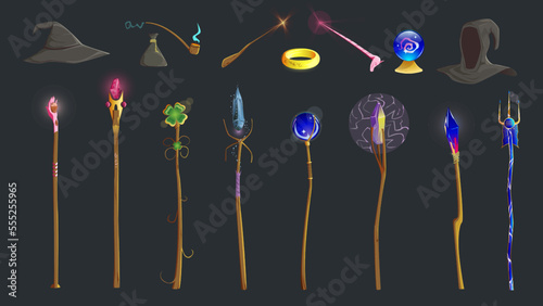 Magic items, mage and wizard. Equipment, magic staff with enchantments and spells. Light effects, lightning energy. Game inventory types, hat, cape hood, pipe with a pouch. Vfx. Vector illustration.