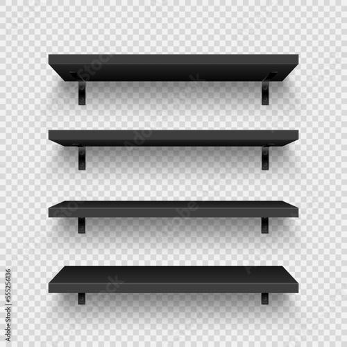 Realistic black store shelves with wall mount. Empty product shelf, grocery wall rack. Mall and supermarket furniture, bookshelf. Modern interior design element, room decoration. Vector illustration
