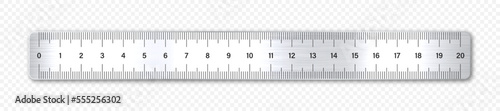 Realistic brushed metal ruler with measurement scale and divisions, measure marks. School ruler, centimeter scale for length measuring. Office supplies. Vector illustration