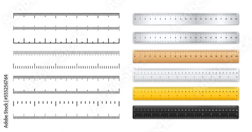 Realistic metal and plastic rulers. Measurement scales with divisions. Scale for measuring length or height in centimeters, inches. Ruler, tape measure marks, size indicators. Vector illustration